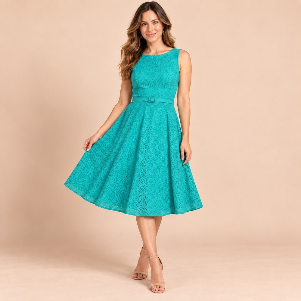 Jessica Howard Teal Lace Overlay Midi Dress Women's 6 Small Retro Coquette Chic